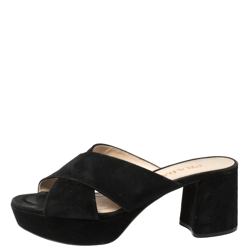 

Prada Black Suede Criss Cross Platform Sandals Size