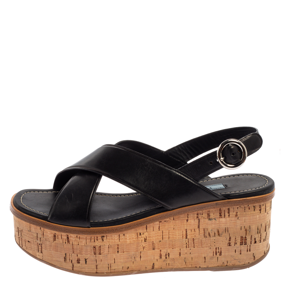 

Prada Black Leather Crisscross Cork Wedge Sandals Size