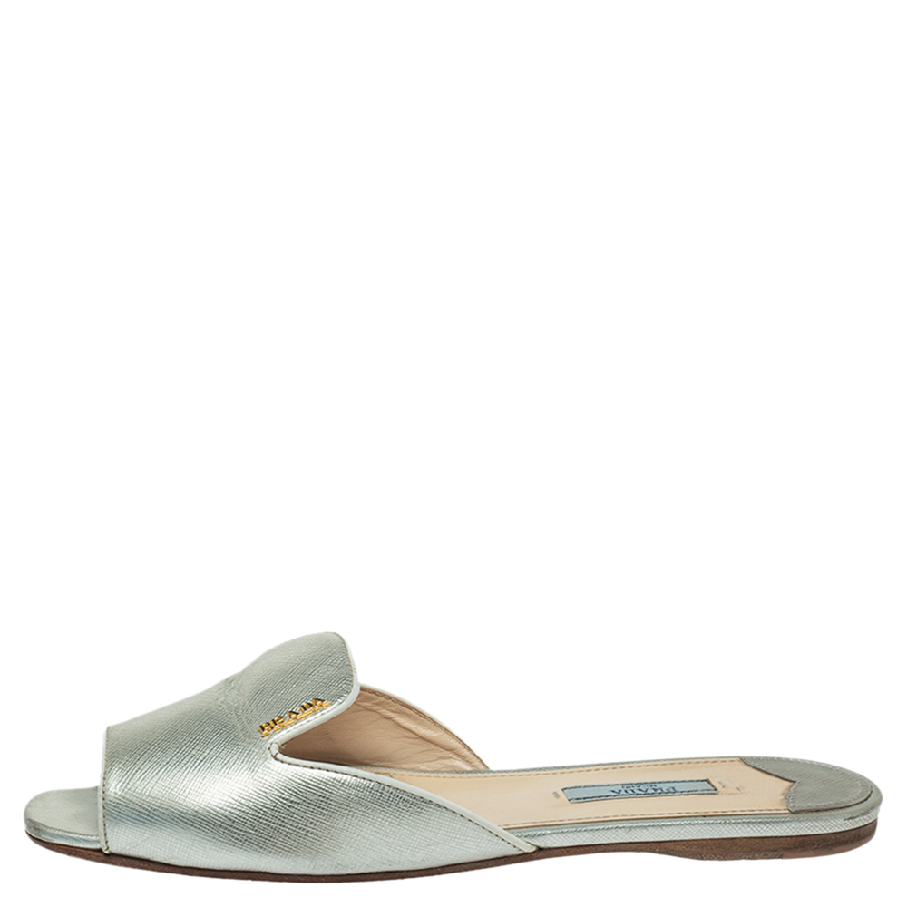 

Prada Metallic Silver Saffiano Leather Flat Slides Size