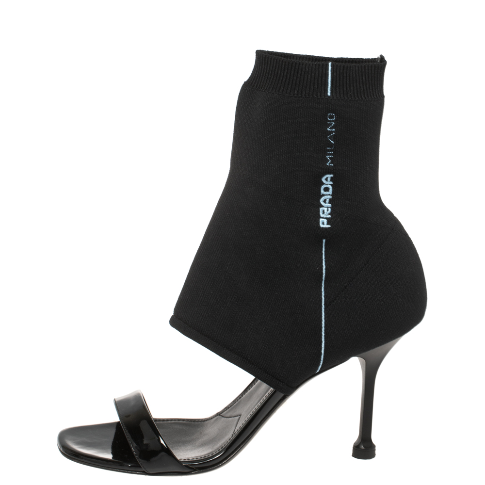 

Prada Black Knit Fabric And Patent Leather Open-Toe Sock Sandals Size