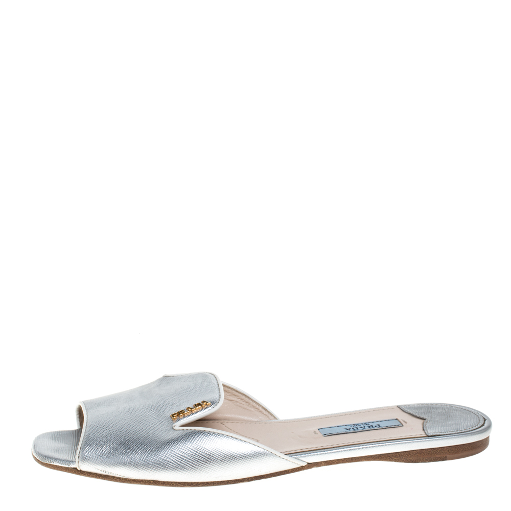 

Prada Silver Saffiano Leather Slide Flats Size