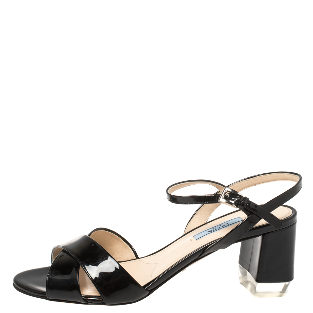 

Prada Black Patent Leather Criss Cross Ankle Strap Block Heel Sandals Size