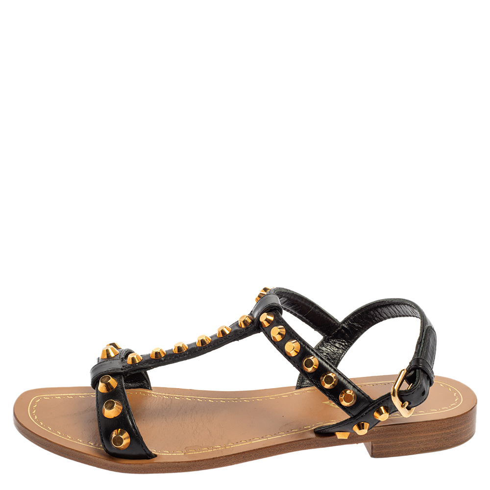 

Prada Black Leather Studded T Strap Flat Sandals Size