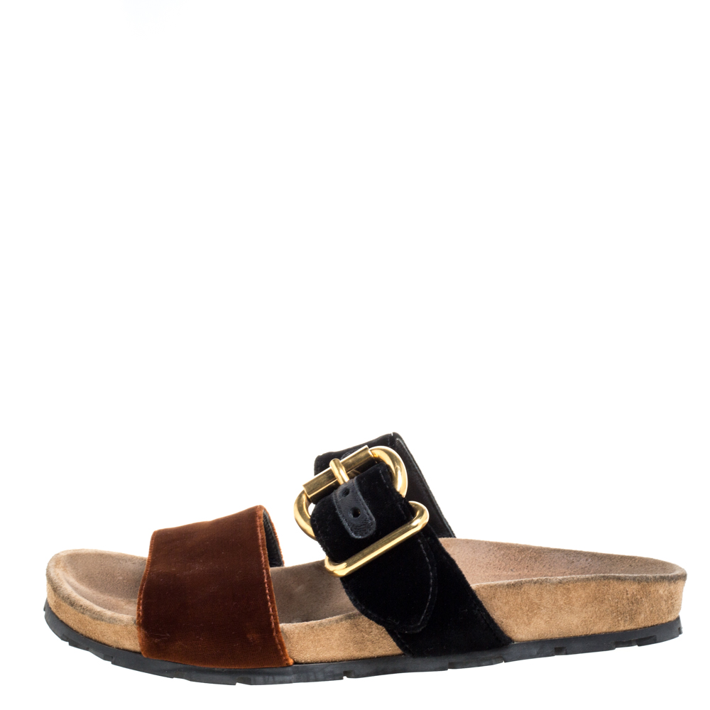 

Prada Brown/Black Velvet And Leather Double Strap Sandals Size, Multicolor