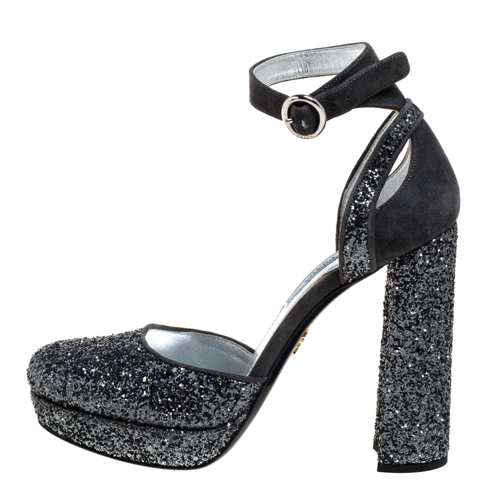 

Prada Metallic Grey Glitter And Suede Ankle Strap Platform Sandals Size