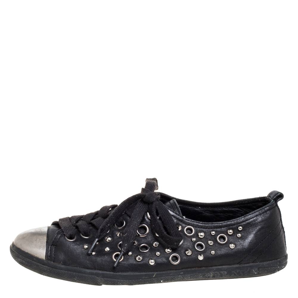 

Prada Black Leather Grommet Sneakers Size