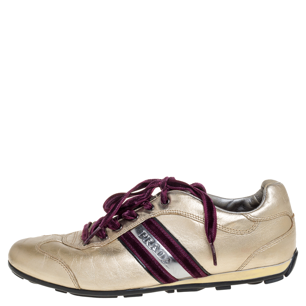 

Prada Metallic Gold Leather Lace Low Top Sneakers Size