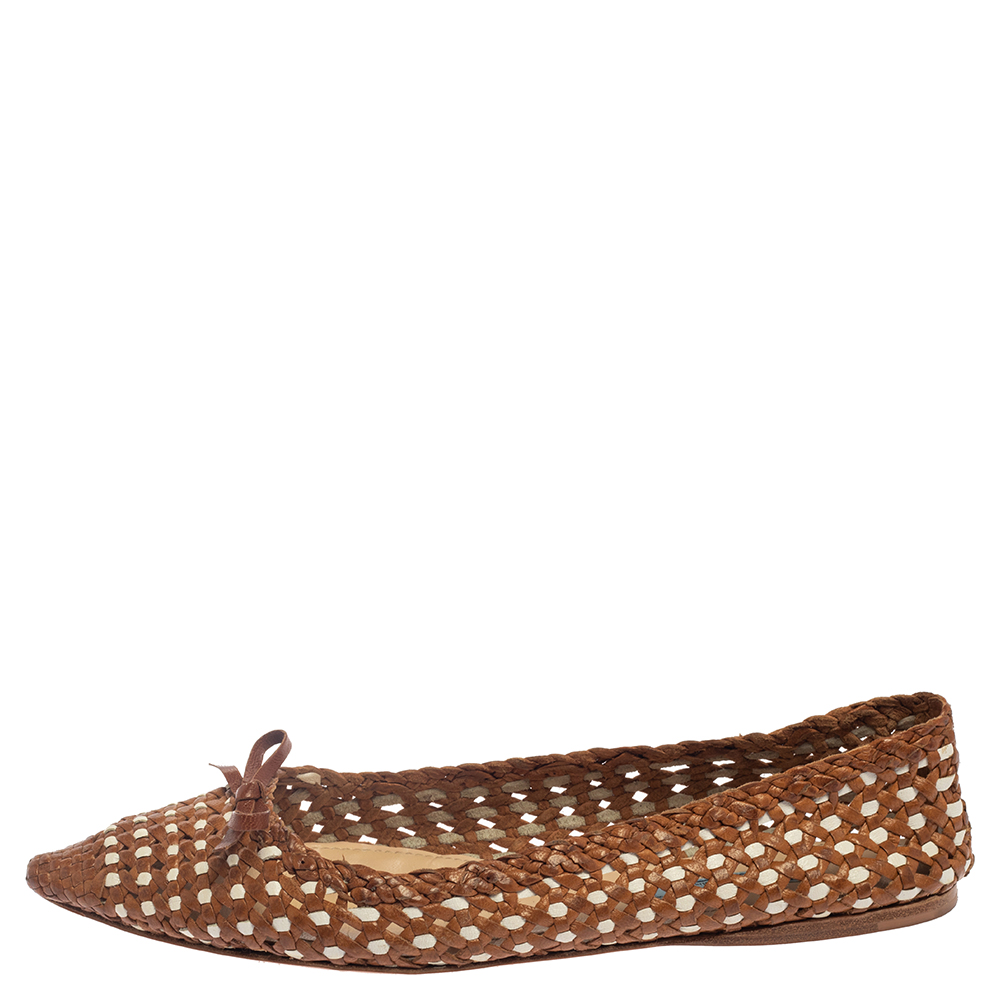 

Prada Tan Woven Leather Raffia Ballet Flats Size