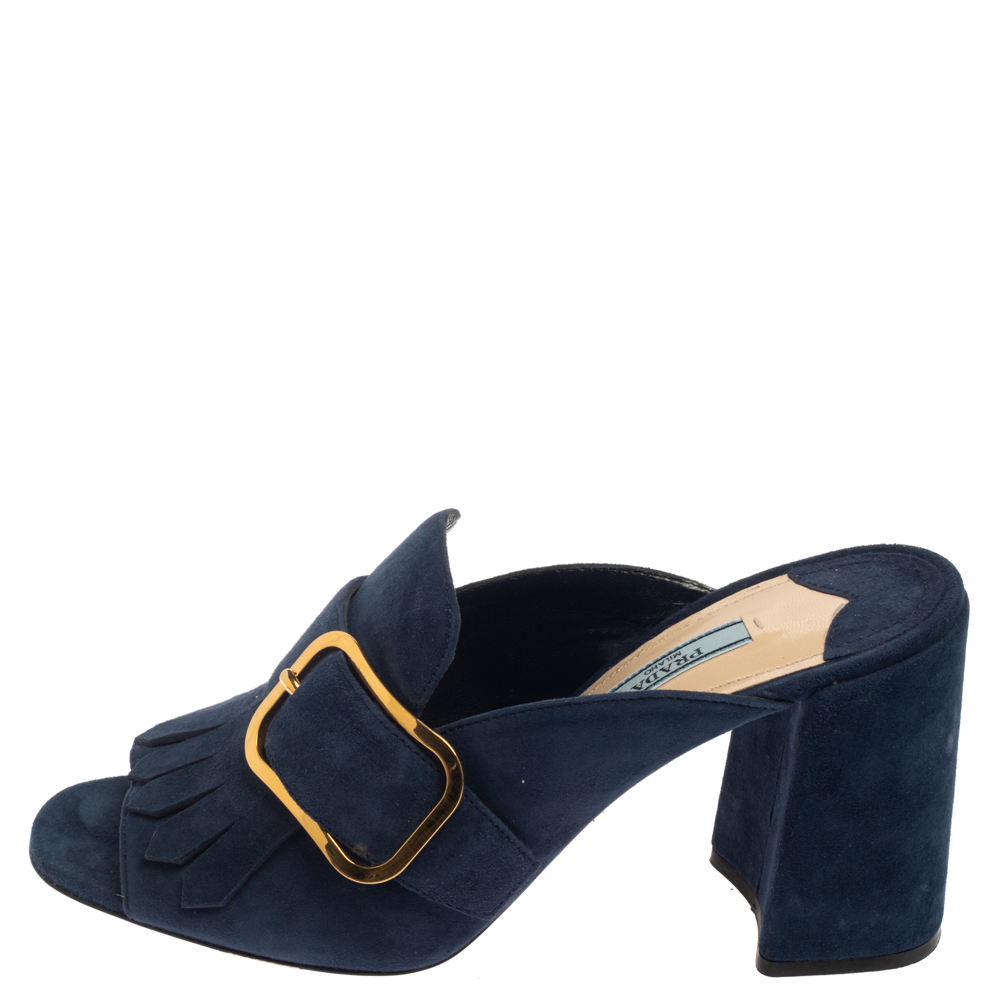 

Prada Blue Suede Fringe Open Toe Sandals Size