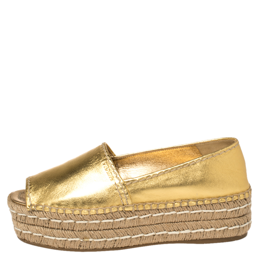 

Prada Metallic Gold Leather Peep Toe Platform Espadrilles Size