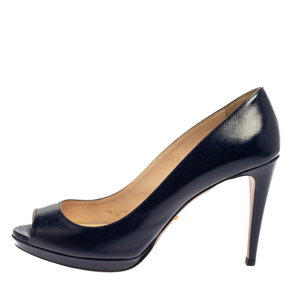 

Prada Navy Blue Saffiano Leather Peep Toe Pumps Size