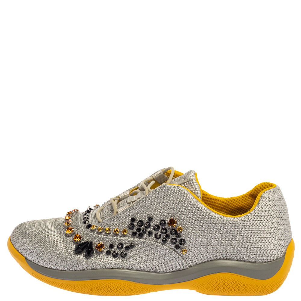 

Prada Grey Mesh Embellished Low-Top Sneakers Size