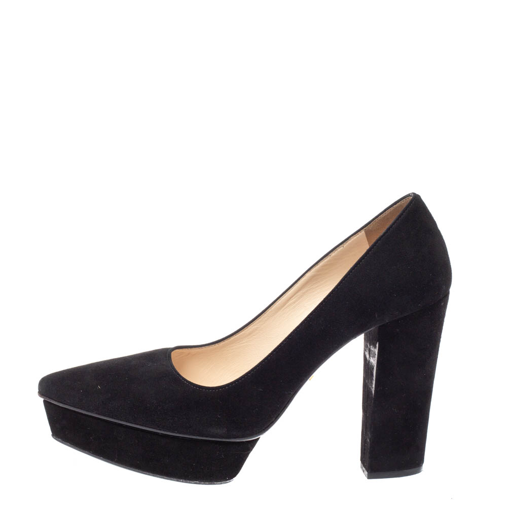 

Prada Black Suede Leather Platform Block Heel Pumps Size