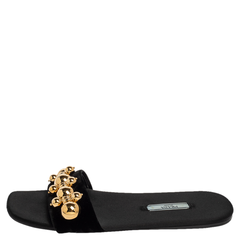 

Prada Black Velvet Studded Flat Slides Size