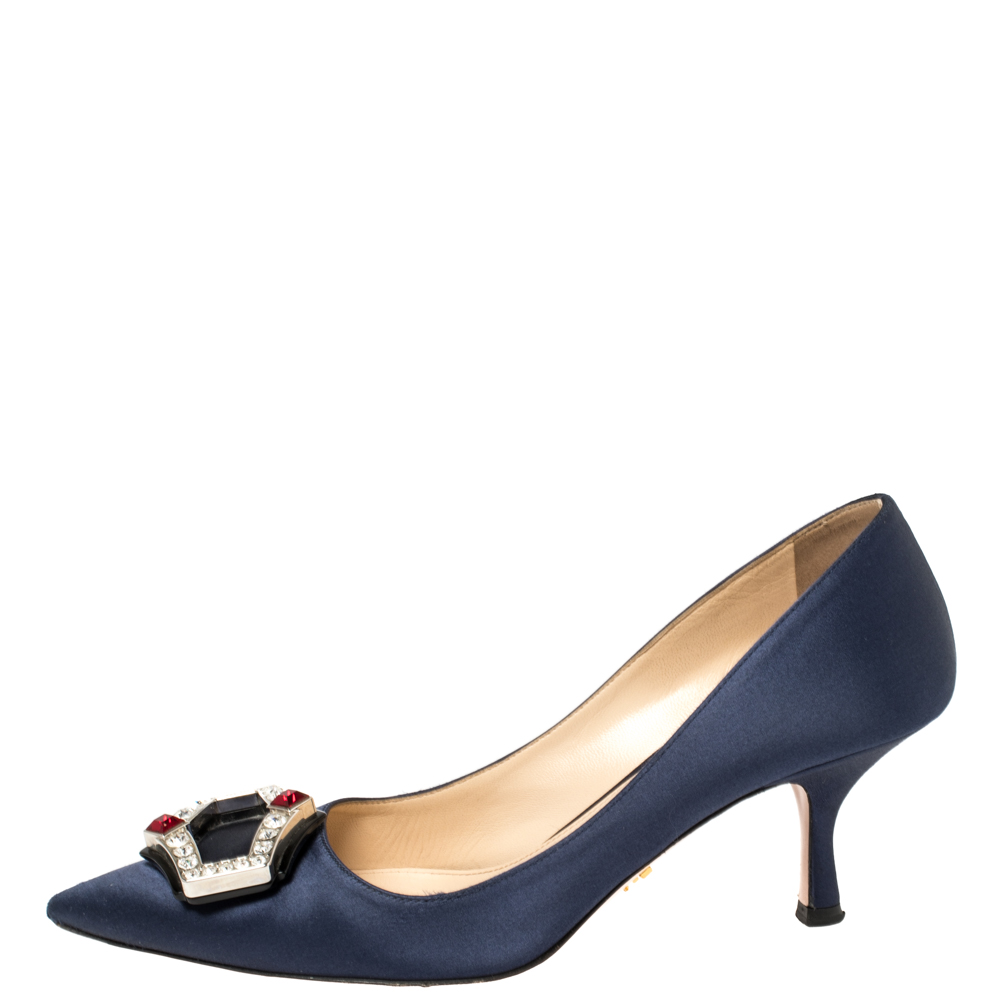 

Prada Blue Satin Embellished Pointed Toe Pumps Size