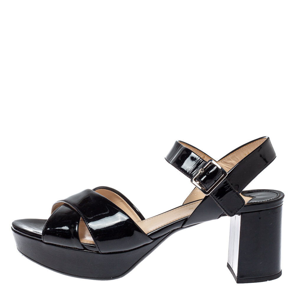 

Prada Black Patent Leather Criss Cross Ankle Strap Block Heel Platform Sandals Size