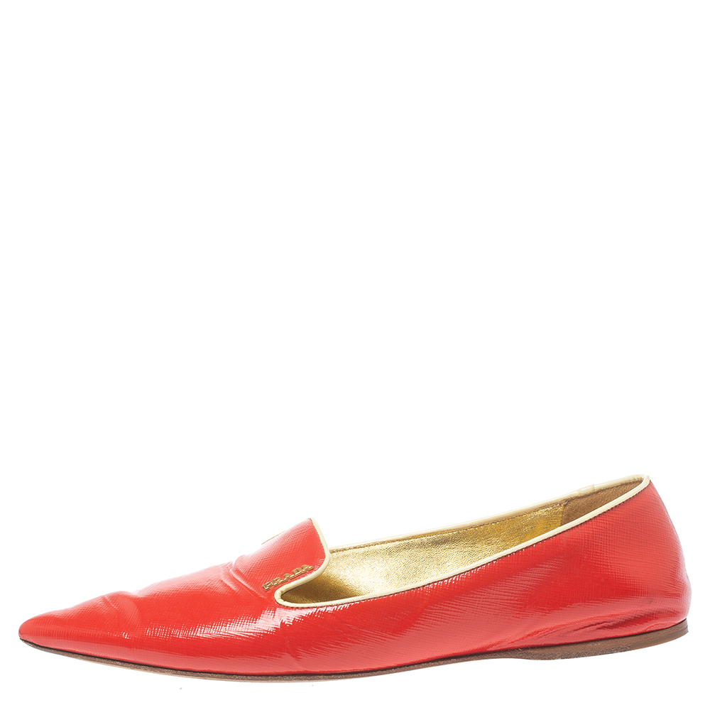 

Prada Red Patent Saffiano Leather Pointed Toe Smoking Slippers Size