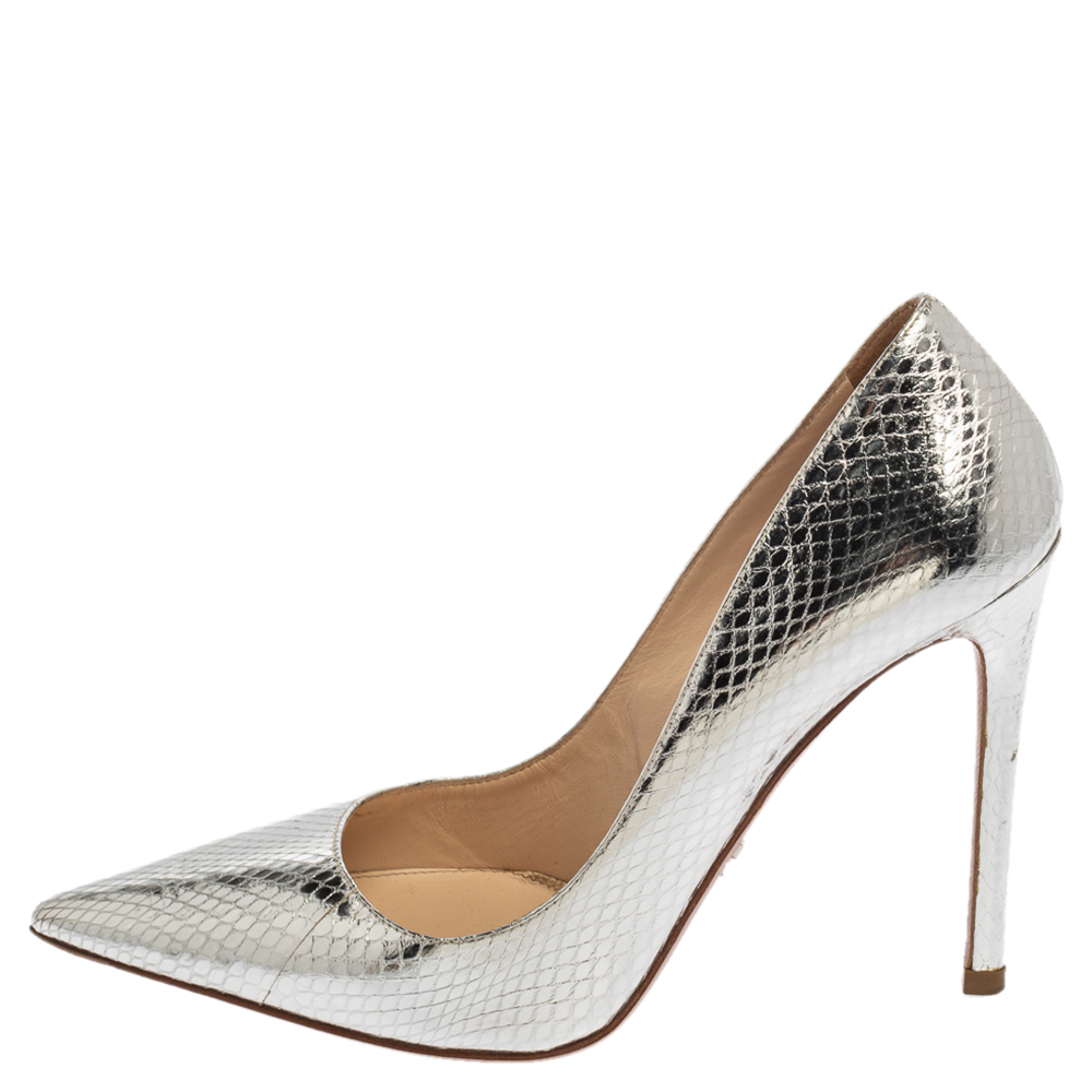 

Prada Metallic Silver Python Embossed Leather Pointed Toe Pumps Size