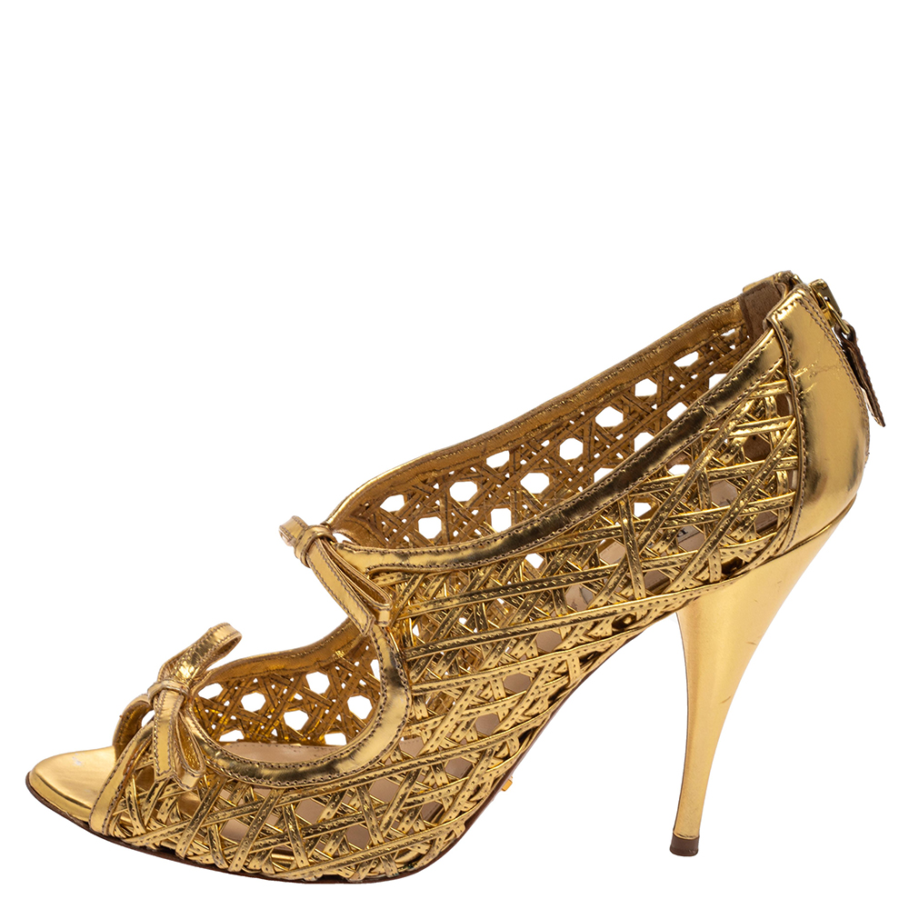 

Prada Gold Leather Cut Out Open Toe Booties Size