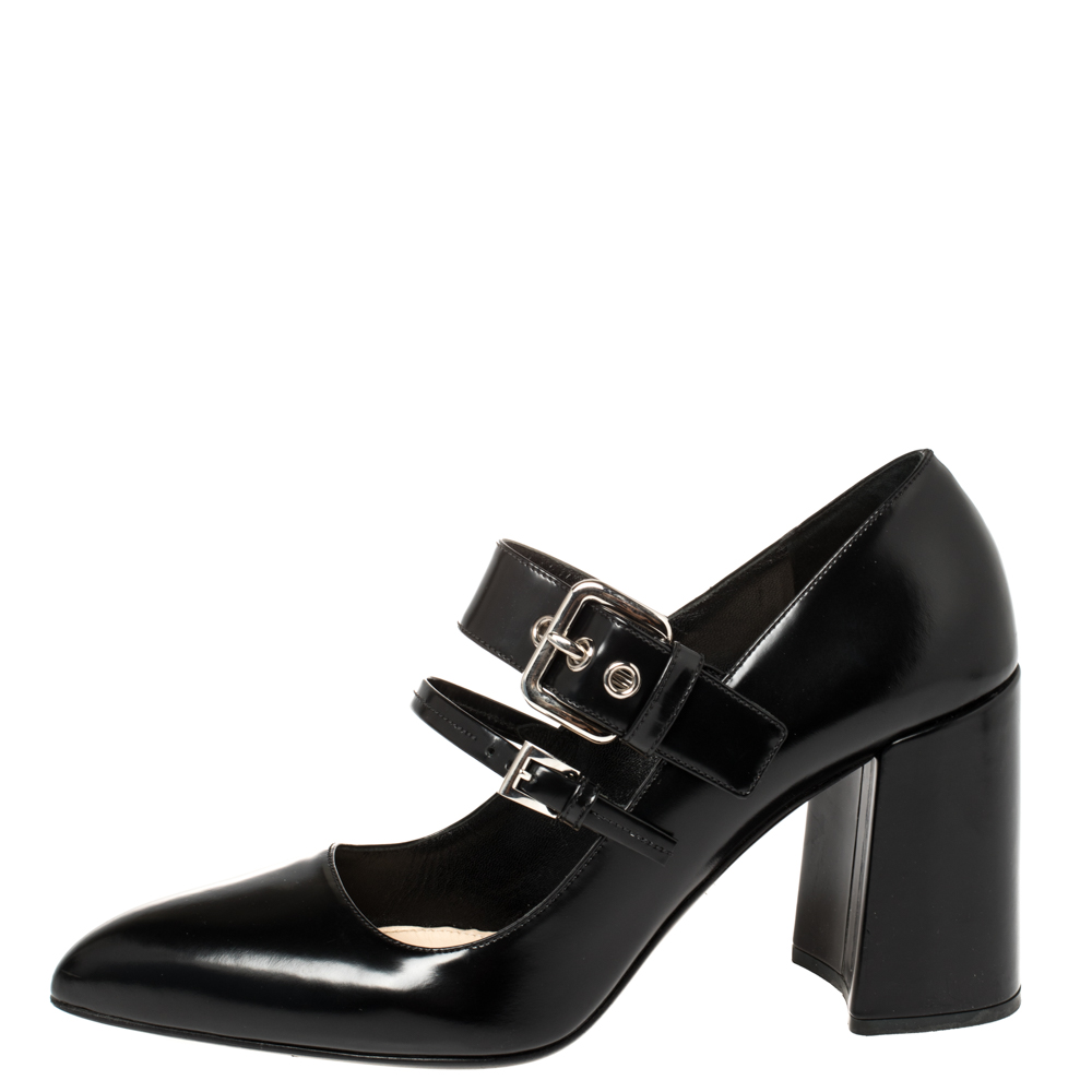 

Prada Black Leather Mary Jane Oversize Buckle Pointed Toe Pumps Size