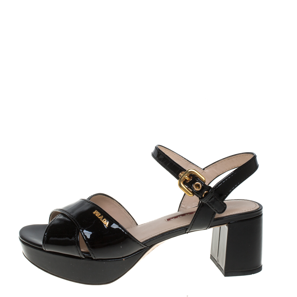 

Prada Black Patent Leather Crisscross Ankle Strap Sandals Size