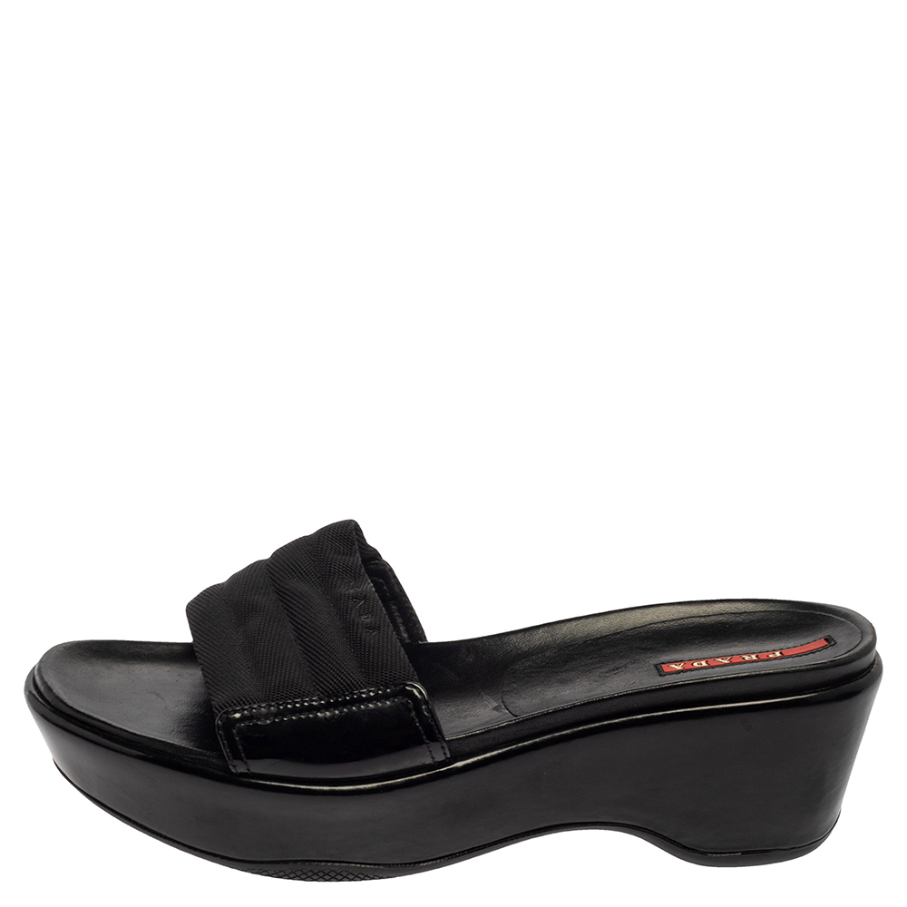 

Prada Black Canvas and Patent Leather Wedge Slide Sandals Size