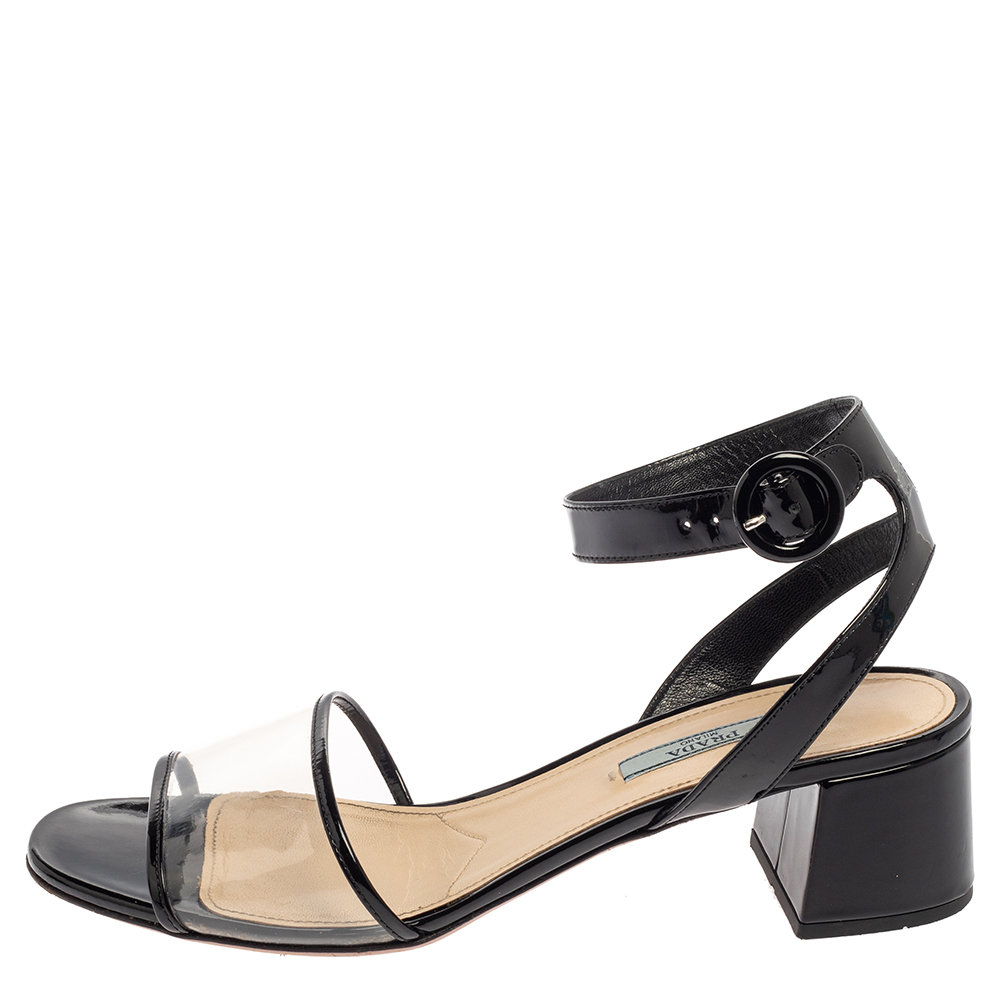 

Prada Black Patent Leather And PVC Open Toe Sandals Size