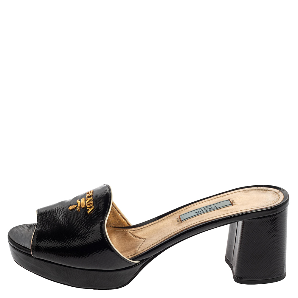 

Prada Black Saffiano Patent Leather Block Heel Sandals Size