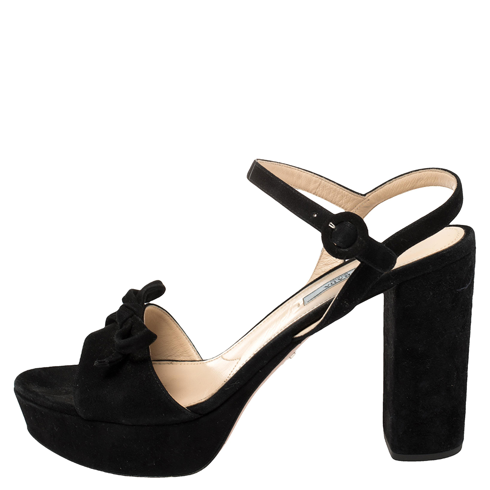

Prada Black Suede Bow Ankle Strap Platform Sandals Size