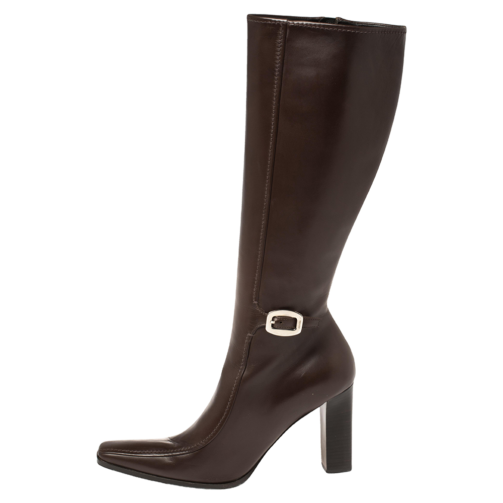 

Prada Brown Leather Buckle Detail Knee Length Boots Size