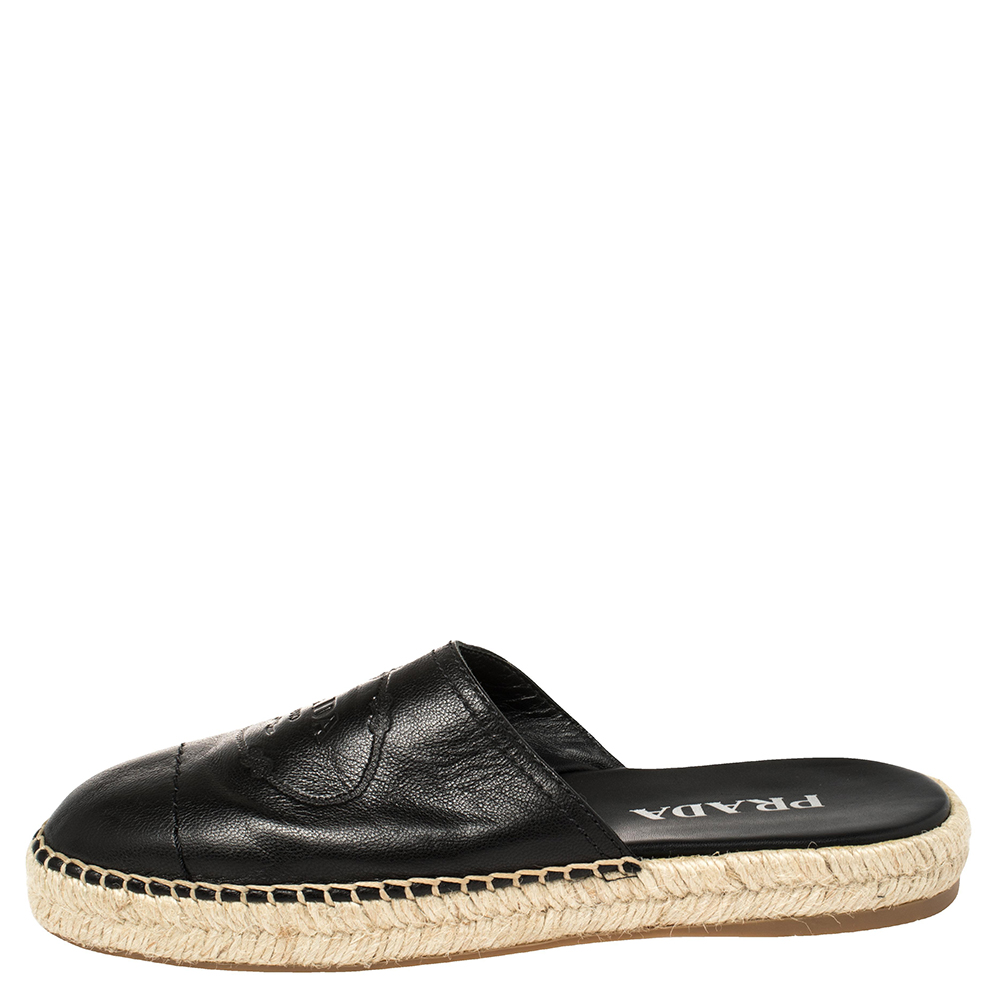 

Prada Black Leather Logo Embossed Espadrille Flat Slides Size