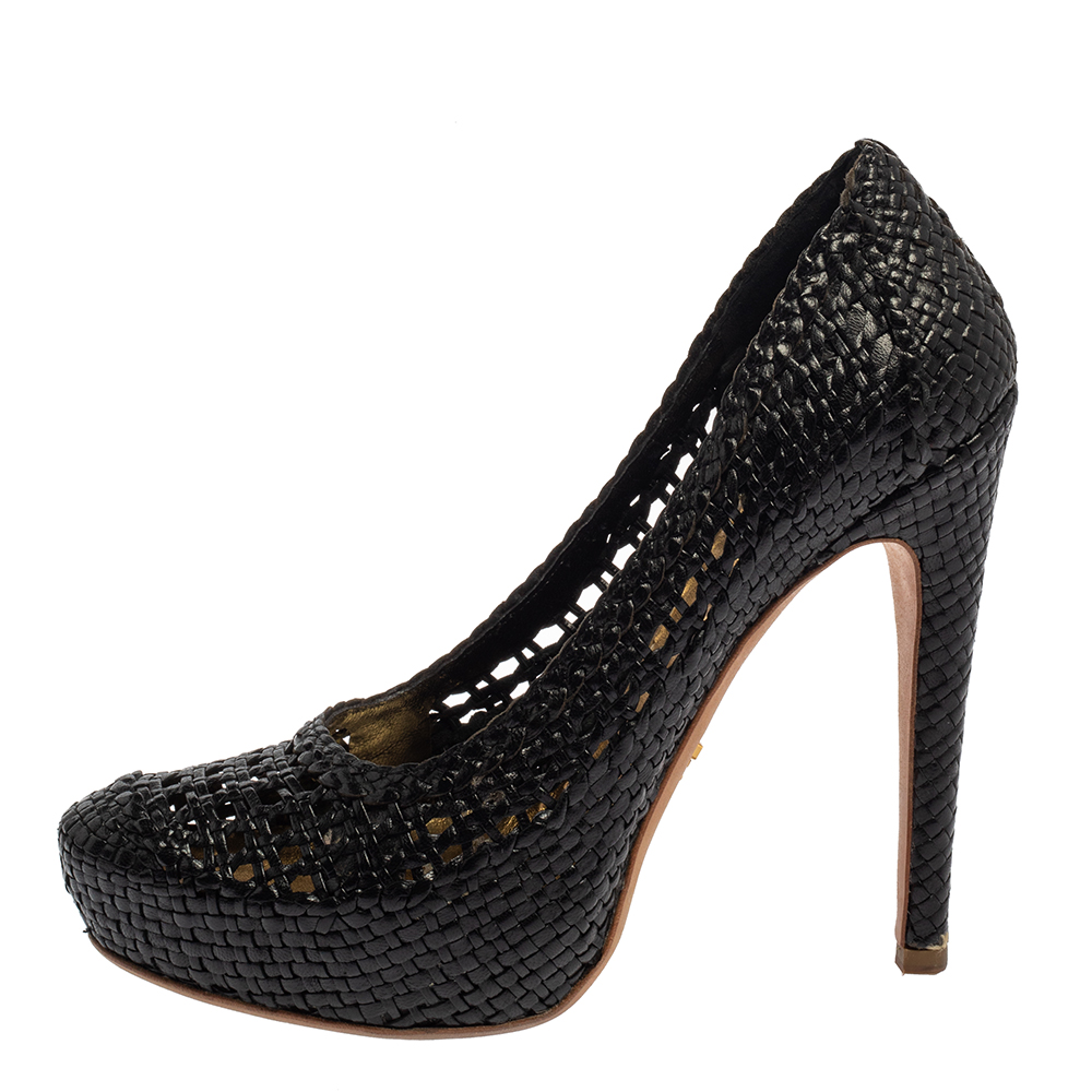 

Prada Black Woven Leather Madras Platform Pumps Size
