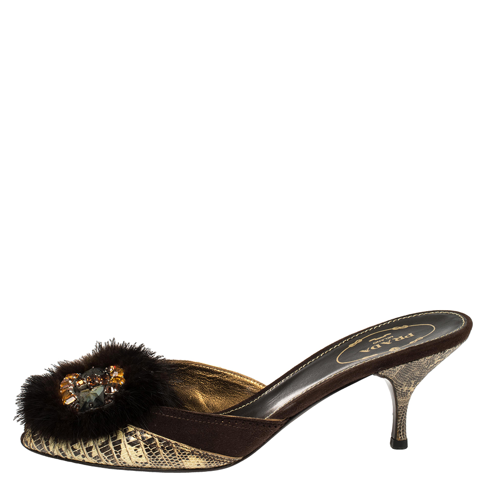 

Prada Tricolor Lizard And Suede Embellished Slide Sandals Size, Black