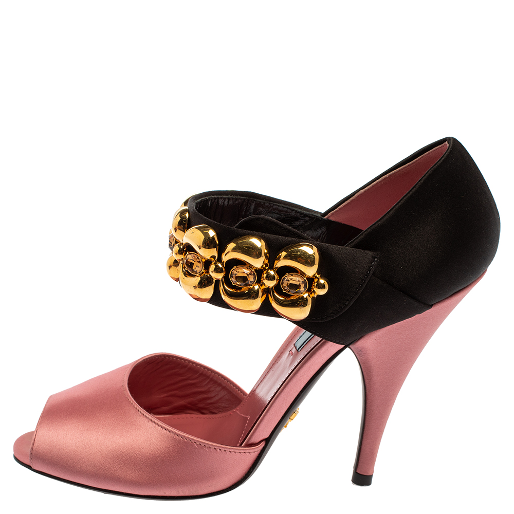 

Prada Pink/Black Satin Embellished Mary Jane Open Toe Sandals Size