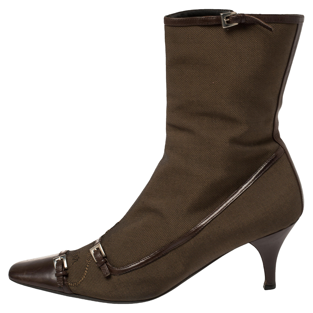 

Prada Brown Fabric And Leather Buckle Detail Mid Heel Ankle Boots Size