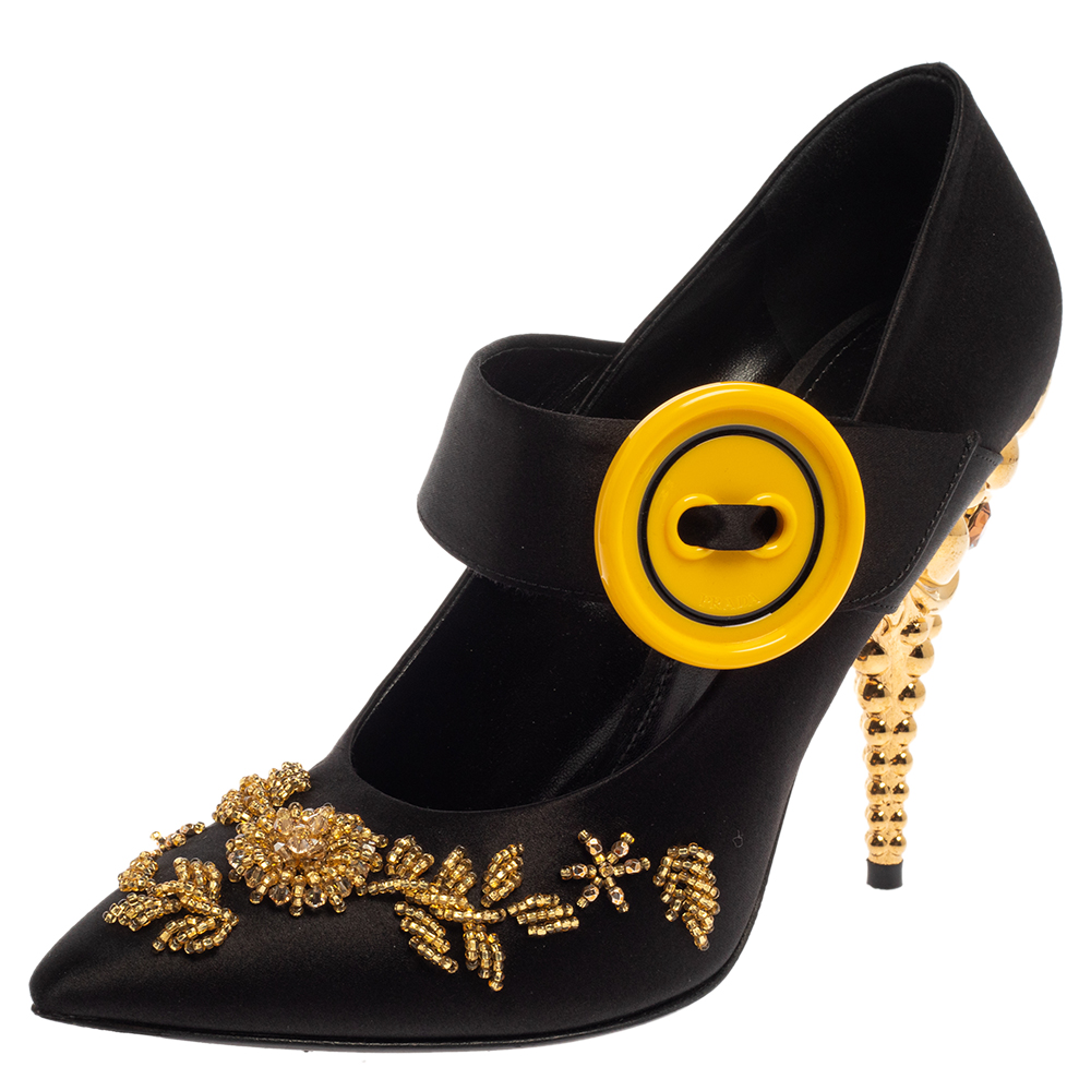Pre-owned Prada Black Satin Embellished Gold And Crystal Heel Pumps Size 40
