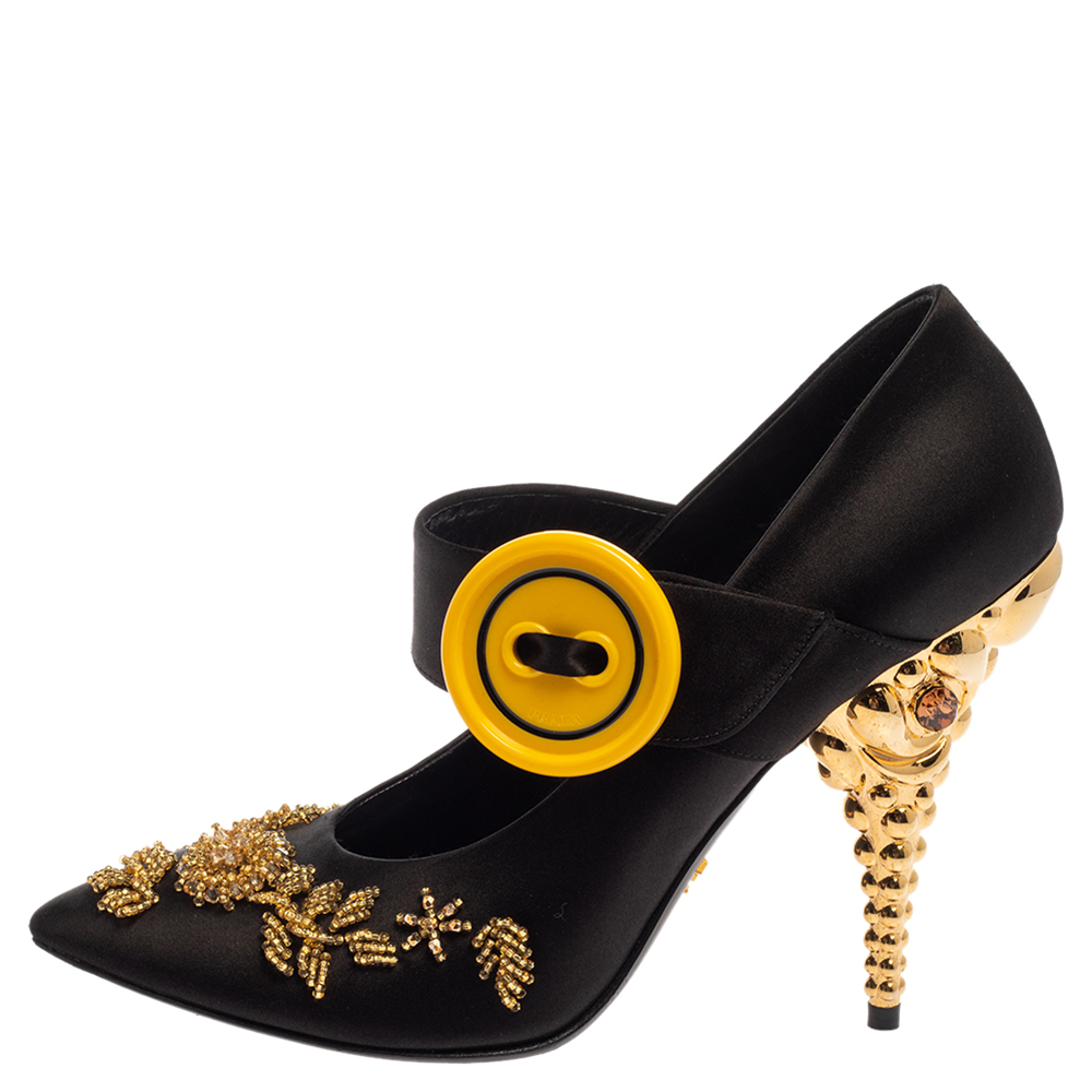 

Prada Black Satin Embellished Gold And Crystal Heel Pumps Size