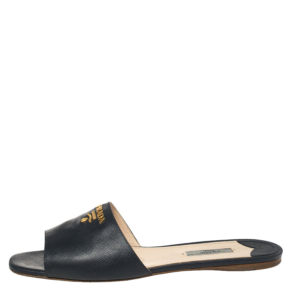 

Prada Blue Saffiano Leather Logo Embellished Flat Slides Size