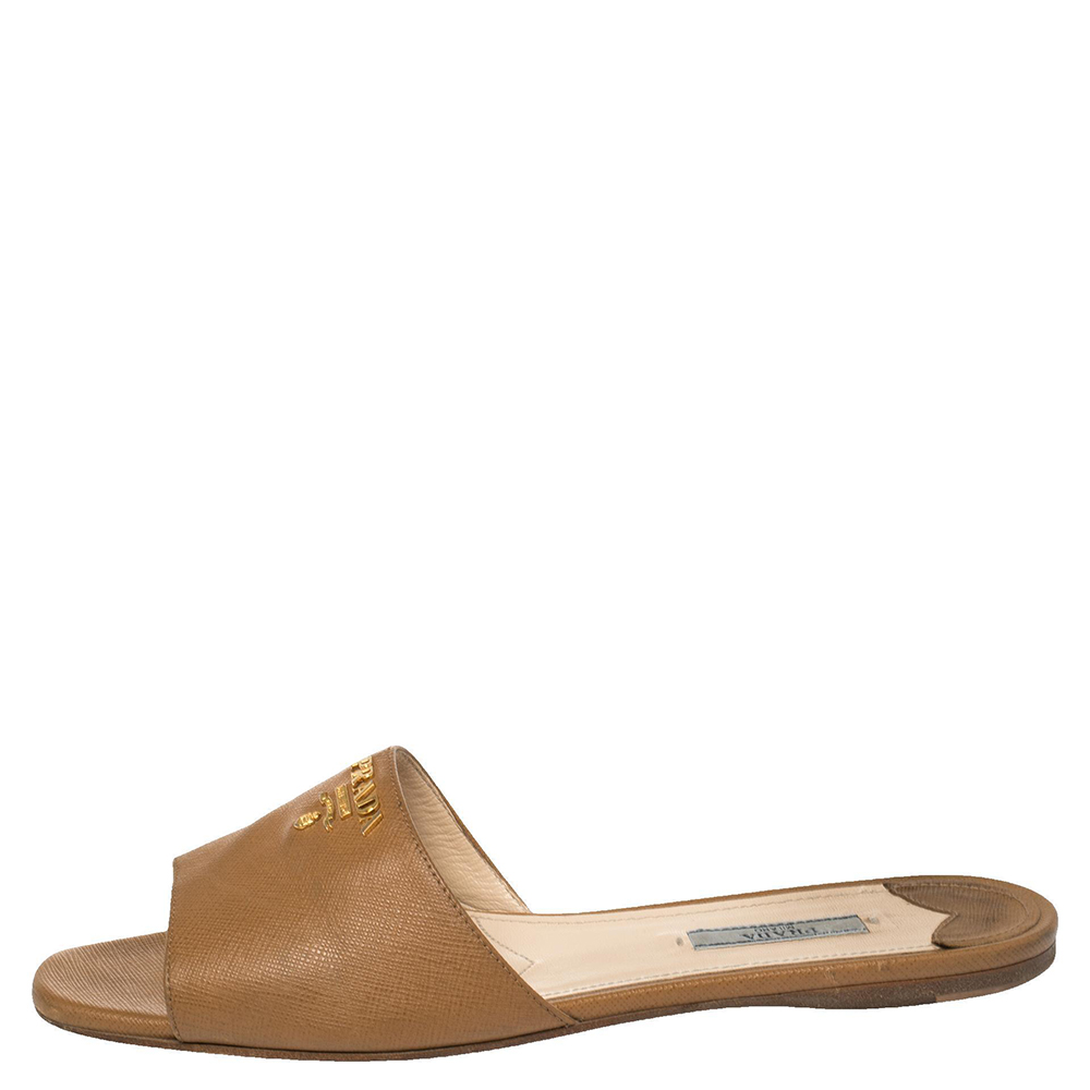 

Prada Brown Saffiano Leather Logo Embellished Flat Slides Size