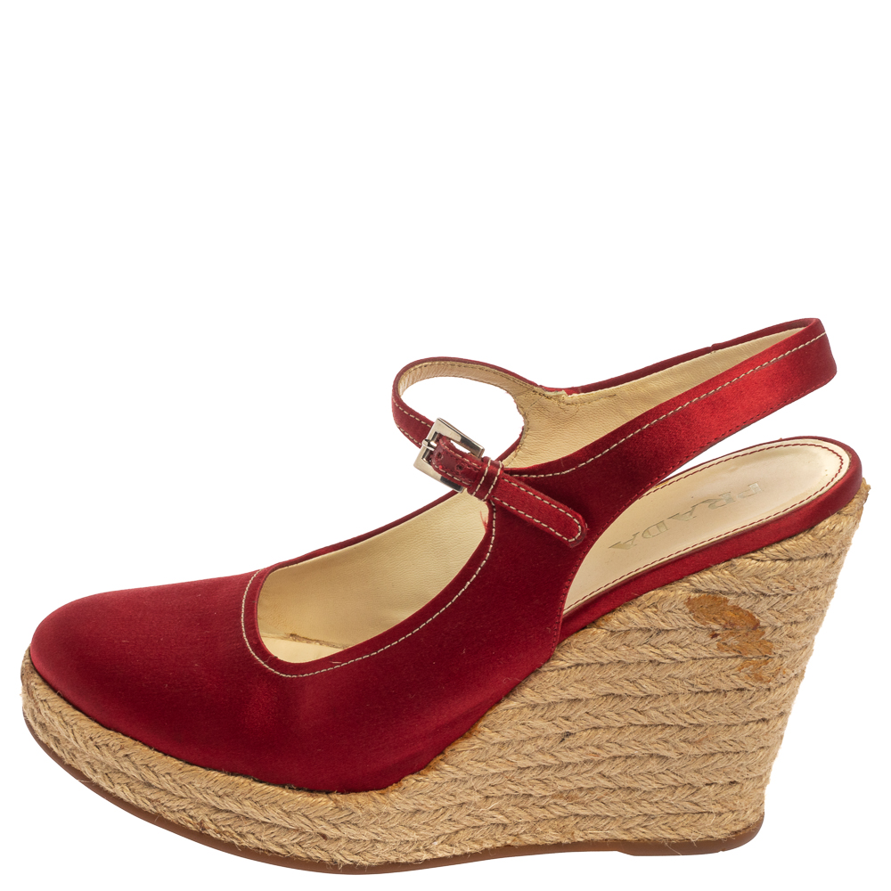 

Prada Red Satin Espadrille Wedge Sandals Size