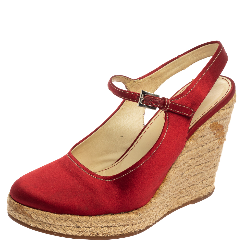 Pre-owned Prada Red Satin Espadrille Wedge Sandals Size 39