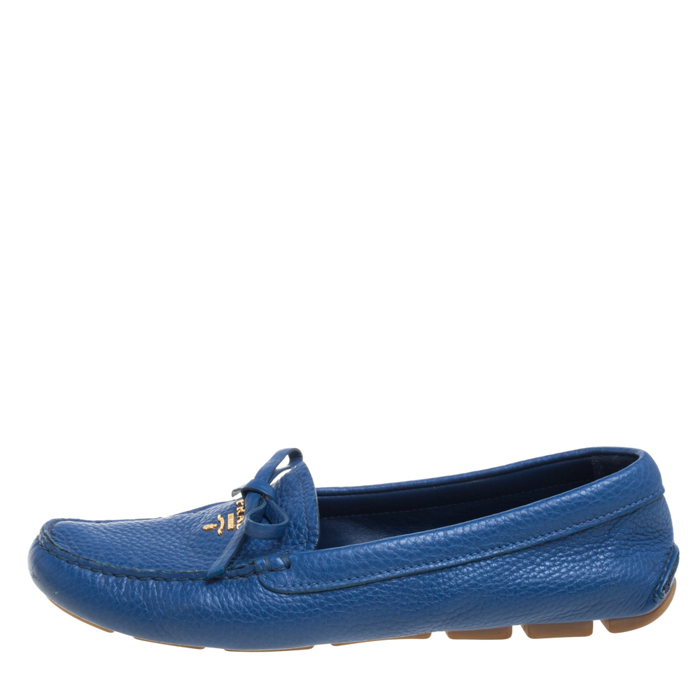 

Prada Blue Leather Bow Slip On Loafers Size