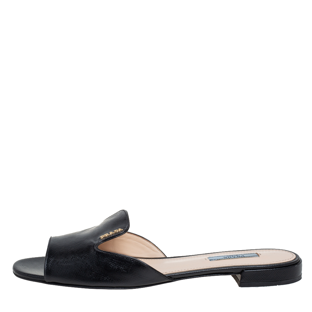 

Prada Black Saffiano Leather Logo Embellished Flat Slides Size