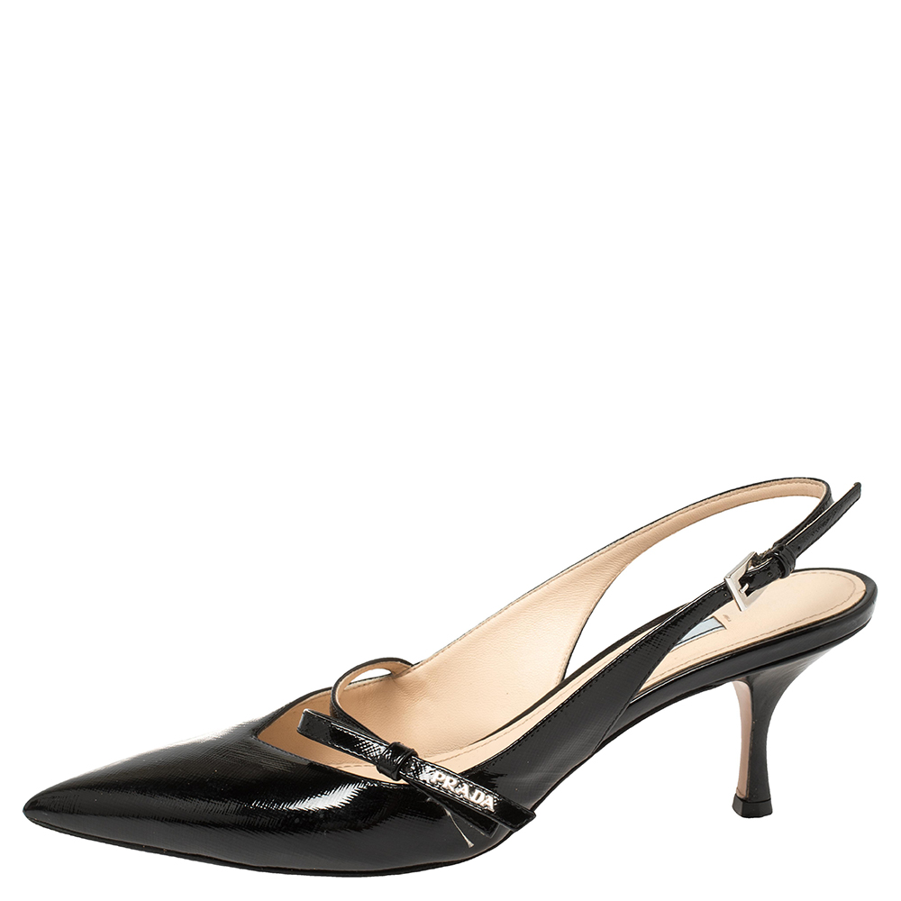 

Prada Black Patent Leather Bow Slingback Sandals Size