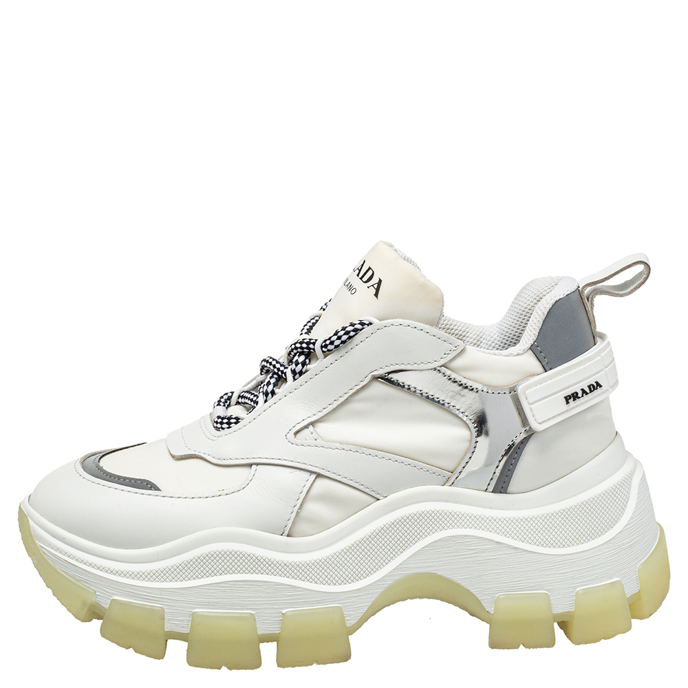 

Prada White Leather And Nylon Pegasus Lace Up Sneakers Size