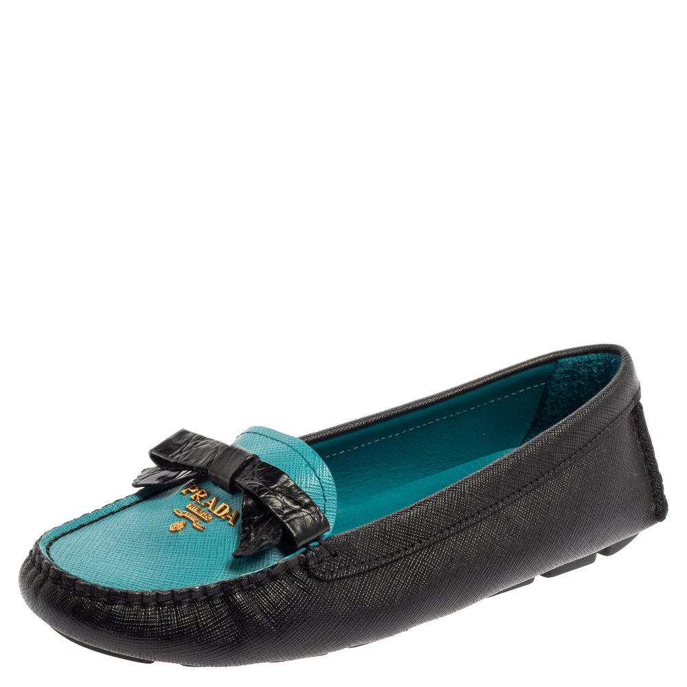 Pre-owned Prada Black/blue Saffiano Leather Bow Loafers Size 36.5