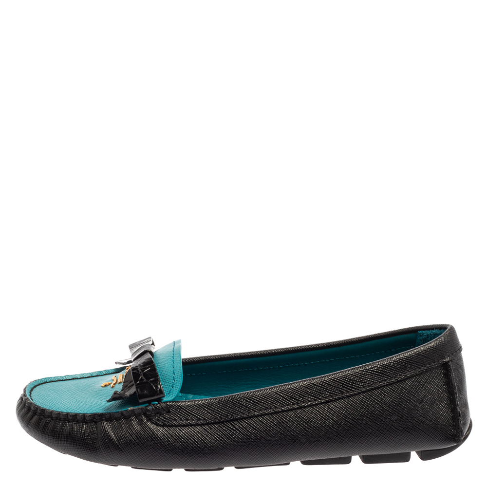 

Prada Black/Blue Saffiano Leather Bow Loafers Size