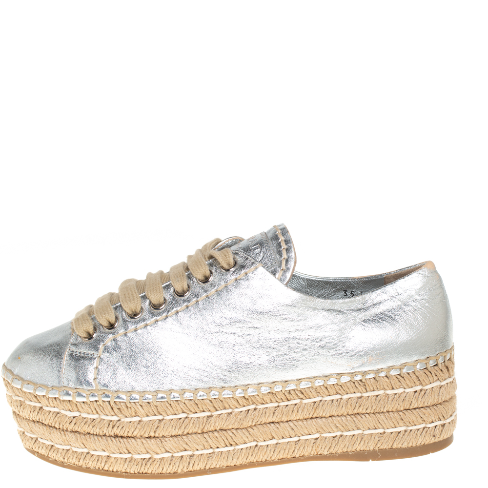 

Prada Metallic Silver Leather Platform Espadrille Sneakers Size