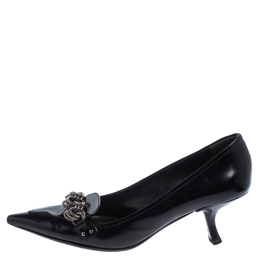 

Prada Black Leather Pointed Toe Chain Embellishment Pumps Size