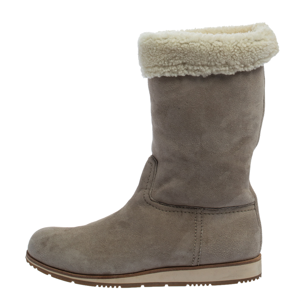 

Prada Grey Suede And Shearling Fur Trimmed Mid Calf Boots Size